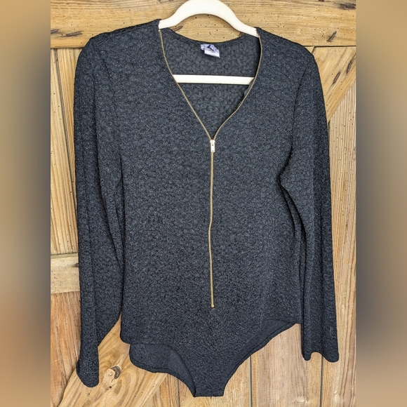 Eien Vintage Bodysuit Women's Sz 2XL Black Gold Glitter Long Sleeve Zip Y-1 - Picture 1 of 6